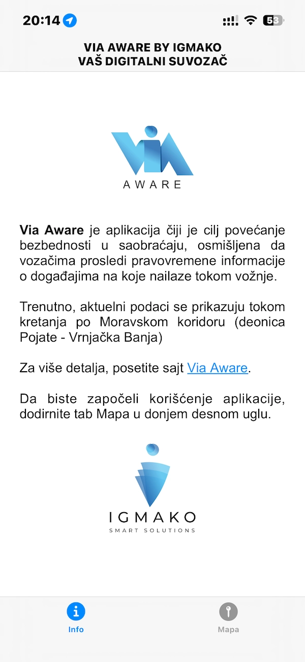 Pocetni ekran Via Aware aplikacije